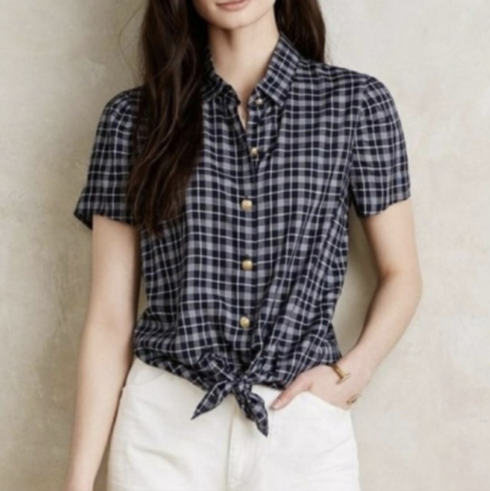 Anthropologie navy plaid nautical short-sleeve shirt Size S